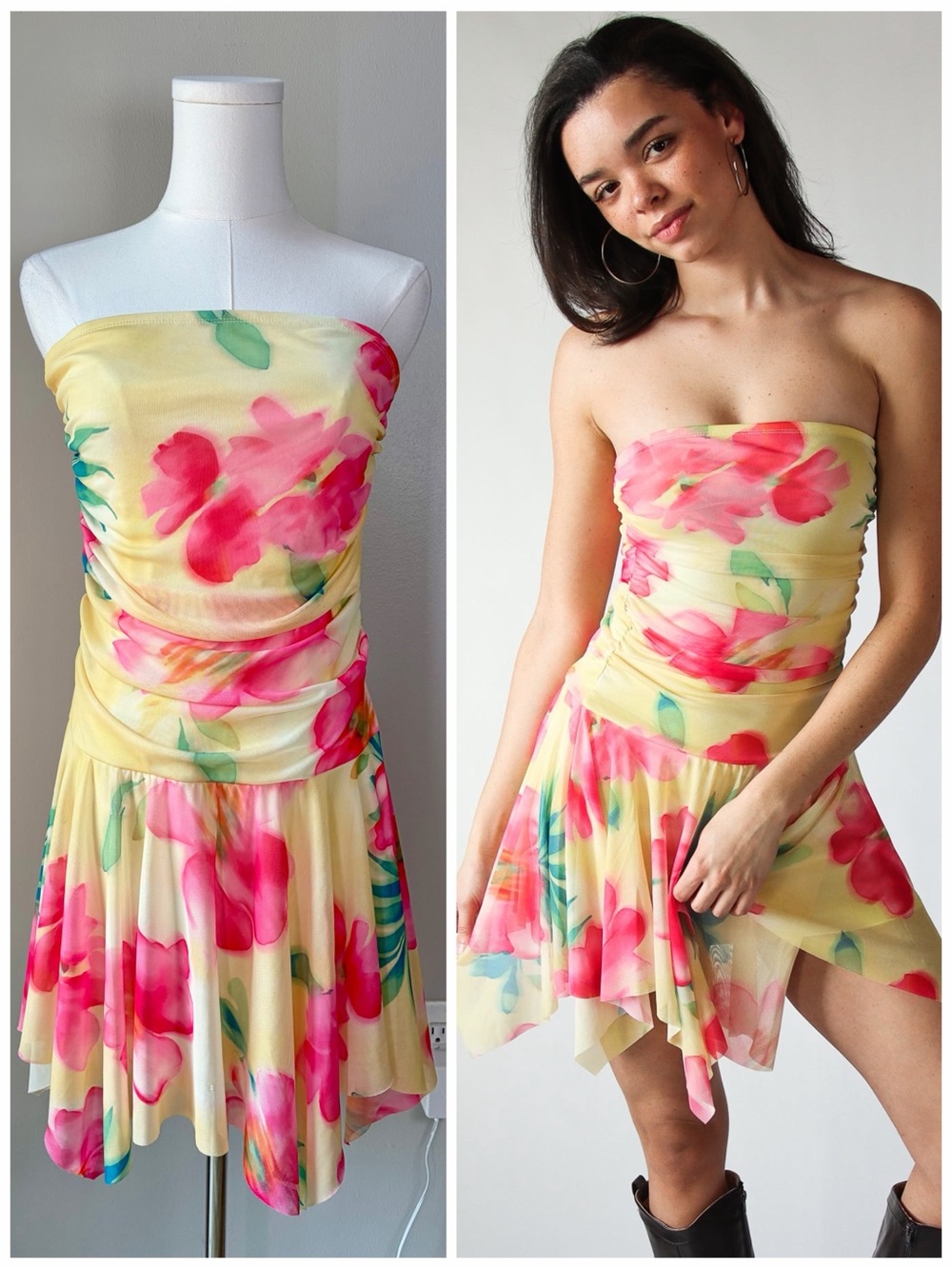 Madden Girl Floral Patterned Mesh Drop Waist Hanky Hem Strapless Mini Dress